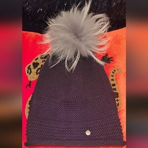 PRE-Owned Black Knit Beanie with Gray Genuine Shearling Pom Pom
